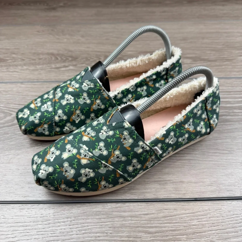 TOMS Womens Alpargata Faux Fur Koala Print Slip On Green 8.5